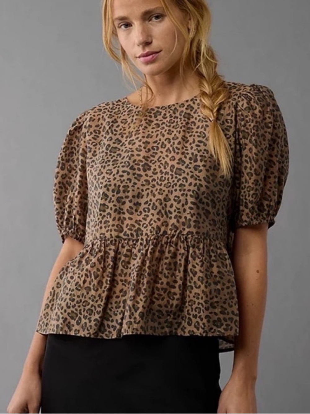 American Eagle Peplum Cheetah Print Blouse with Puff Sleeves